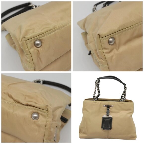 PRADA Chain Tote Bag Nylon Leather Beige Silver - Picture 11 of 15
